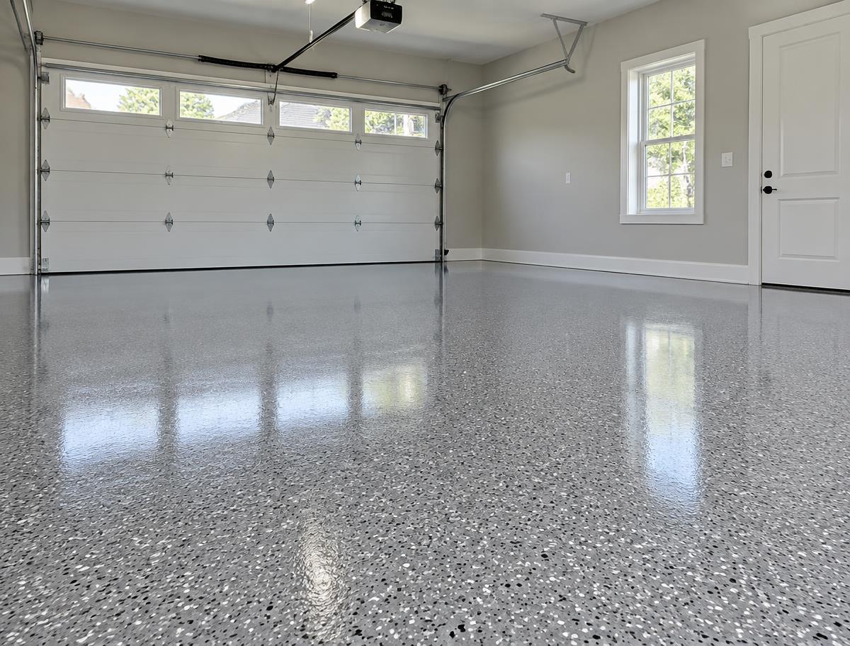 Same garage floor after a gray decorative flake coating with a glossy sealed finish