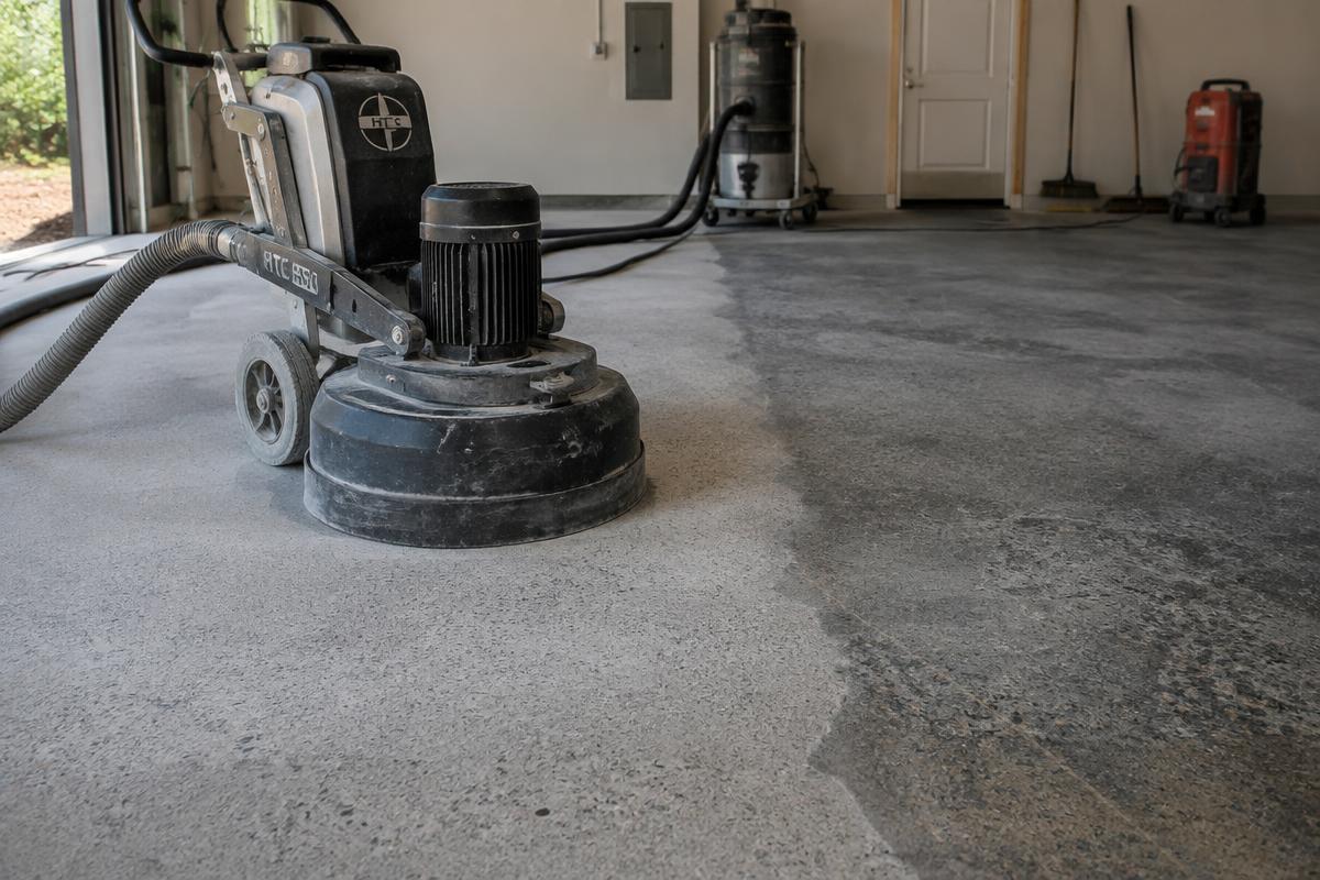 Concrete grinder with dust collection preparing a garage slab before floor coating
